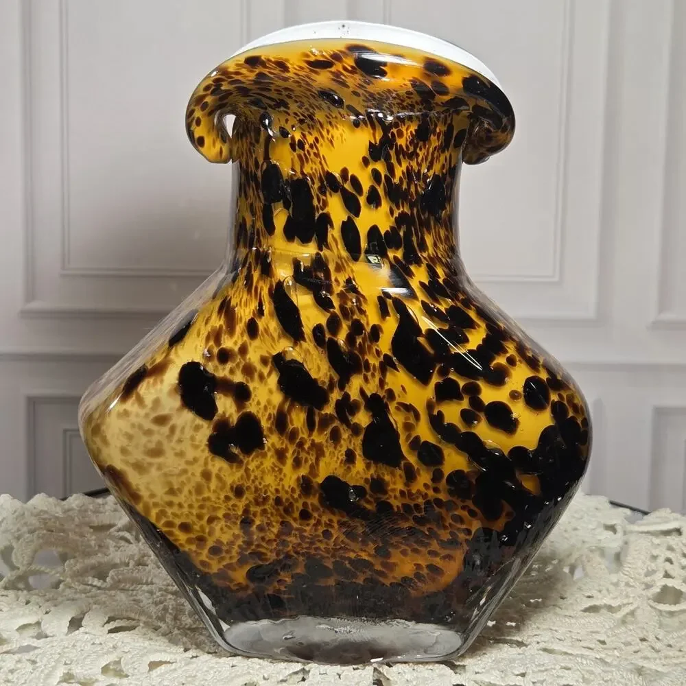 Vintage Estate Murano Style Hand Blown Art Glass Vases Tortoiseshell Patterns